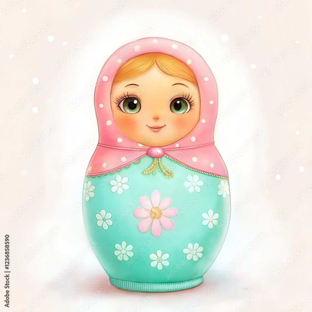 Charming matryoshka doll with a cheerful expression on a soft pastel background Charming matryoshka doll with a cheerful expression on a soft pastel background
