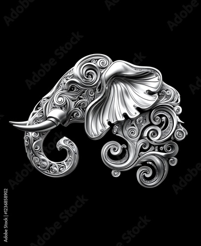 Silver elephant head intricately detailed with swirling, floral patterns against a black background. The design is ornate and elegant, showcasing a photo