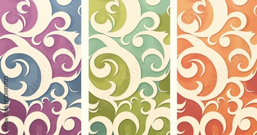  A series of retro-style swirl patterns in green, purple, and pink photo