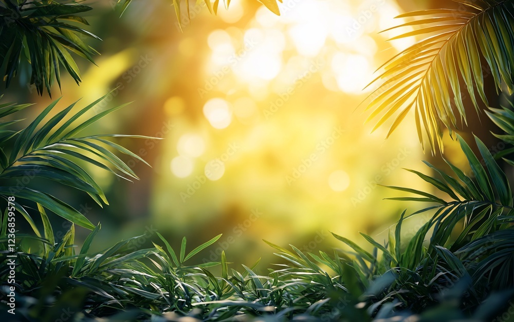 Lush tropical foliage framing a sunlit background. Lush tropical foliage framing a sunlit background.