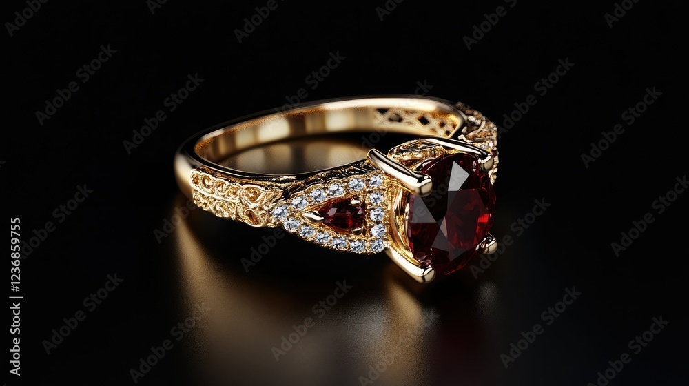 Elegant gold ring featuring a large ruby and intricate diamond accents, showcased against a dark background to highlight its beauty and craftsmanship Elegant gold ring featuring a large ruby and intricate diamond accents, showcased against a dark background to highlight its beauty and craftsmanship