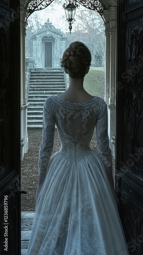 Woman in vintage gown exits old manor, steps to mausoleum, misty garden background;  wedding, fairytale concept.