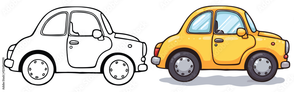 Outline drawing of toy car, and sports car from the side and front view. Vector doodle illustration, design for coloring book or print Outline drawing of toy car, and sports car from the side and front view. Vector doodle illustration, design for coloring book or print