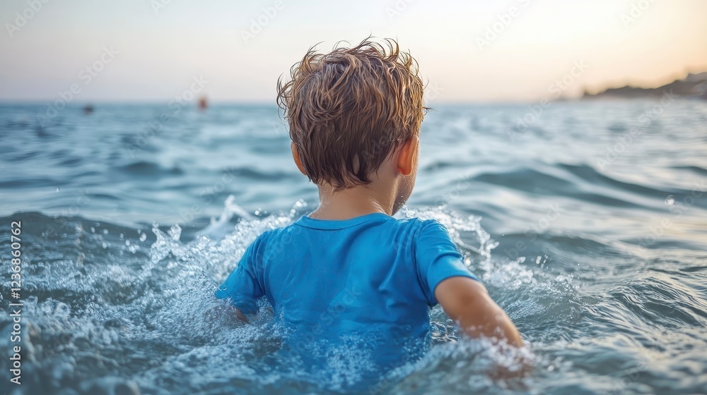 Young boy with curly brown hair in a blue rash guard enjoys playing in ocean waves during a summer sunset. Warm lighting and blue toned water Young boy with curly brown hair in a blue rash guard enjoys playing in ocean waves during a summer sunset. Warm lighting and blue toned water