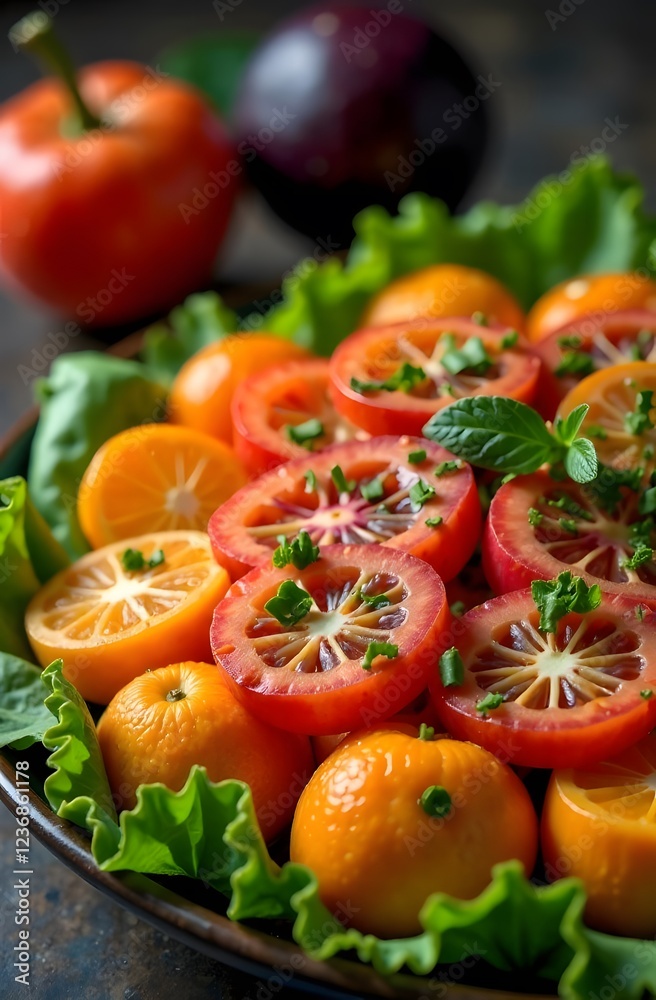 Healthy balanced diet and weight loss due to calorie deficit. We take care of our health and figure. Salad of vegetables and green lettuce leaves, vertical photo Healthy balanced diet and weight loss due to calorie deficit. We take care of our health and figure. Salad of vegetables and green lettuce leaves, vertical photo
