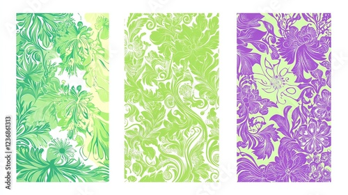  A series of retro-style swirl patterns in green, purple, and pink photo