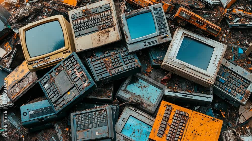 Old computers abandoned in a landfill surrounded by dirt and debris under a clear sky