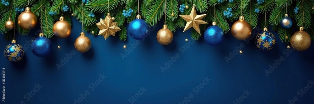 Ornamented garland hanging on dark blue background, blue and gold ornaments, holiday decorating tips Ornamented garland hanging on dark blue background, blue and gold ornaments, holiday decorating tips