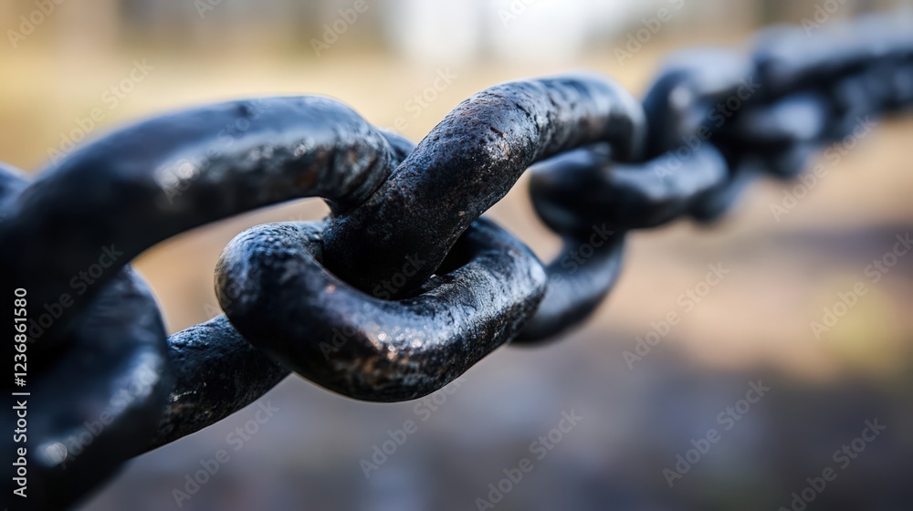 Close-up view of a weathered metal chain with blurred background texture Close-up view of a weathered metal chain with blurred background texture