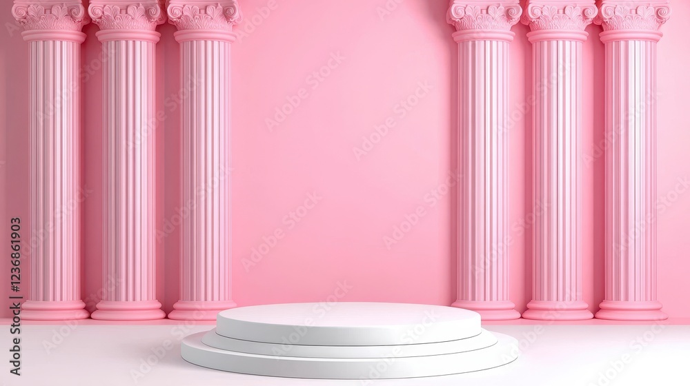 Elegant Pink Columns with Round Display Platform in Modern Setting Elegant Pink Columns with Round Display Platform in Modern Setting