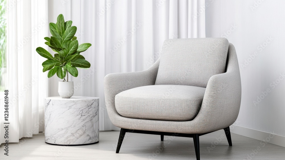 Fototapeta premium Modern Minimalist Armchair with Potted Plant and Marble Table