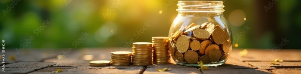 Golden coins forming stairs ascending into a glass jar , economy, banking, reward