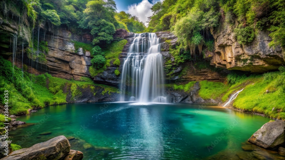 Fototapeta premium Serene Waterfall Cascading Into Crystal Clear Emerald Pool