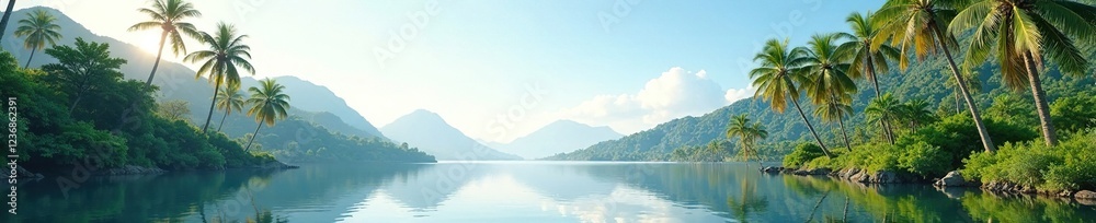 Palm trees sway in the wind over the calm lake, lake, palm tree Palm trees sway in the wind over the calm lake, lake, palm tree