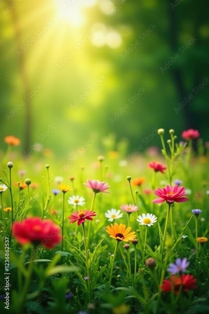 Fototapeta premium Sunlight filters through flowers in green meadow, wildflowers, nature, color