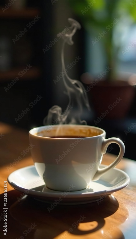 Steam rising from the cup as it sits on table, coffee, liquid, steam Steam rising from the cup as it sits on table, coffee, liquid, steam