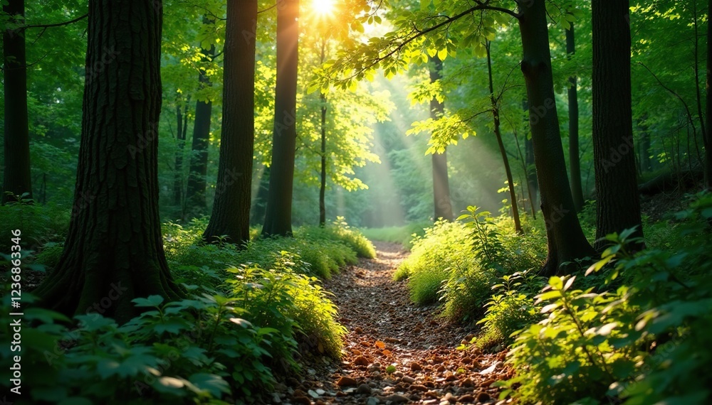 Obraz premium Forest trail with sunlight filtering through leaves, trails, tree branches, foliage