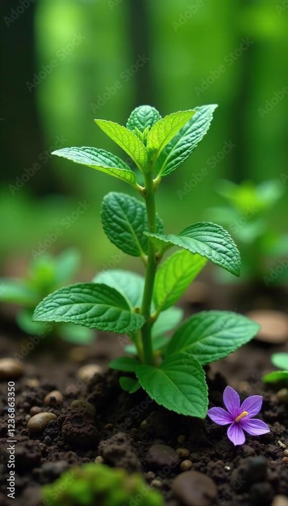 Fresh mint plant leaves with purple flowers in forest soil, greenery, fresh mint, forest flowers Fresh mint plant leaves with purple flowers in forest soil, greenery, fresh mint, forest flowers