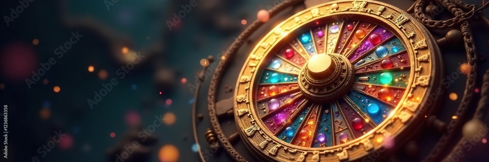 Golden Wheel of Fortune with intricate carvings and gemstones spinning in mid-air, mystic, ancient, ornate Golden Wheel of Fortune with intricate carvings and gemstones spinning in mid-air, mystic, ancient, ornate