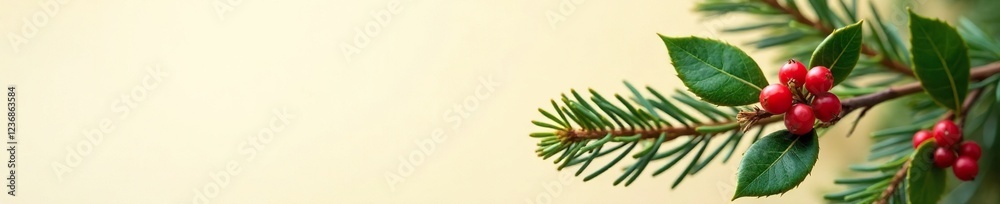 Pine branch with holly leaves and red berries on beige background, , pine tree branches Pine branch with holly leaves and red berries on beige background, , pine tree branches