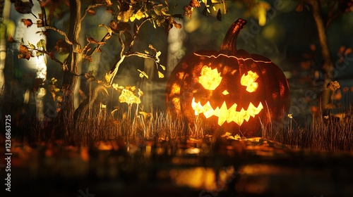 A glowing jack-o'-lantern with a menacing face placed amidst an enchanting autumnal forest scene. The pumpkin emits a warm, inviting light while surrounded by dried, colorful leaves and softly illumin