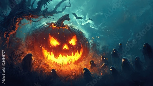 A haunting Halloween scene featuring a large, glowing jack-o'-lantern with a sinister grin at its center. The pumpkin is surrounded by eerie ghostly figures with glowing eyes, shrouded in misty darkne