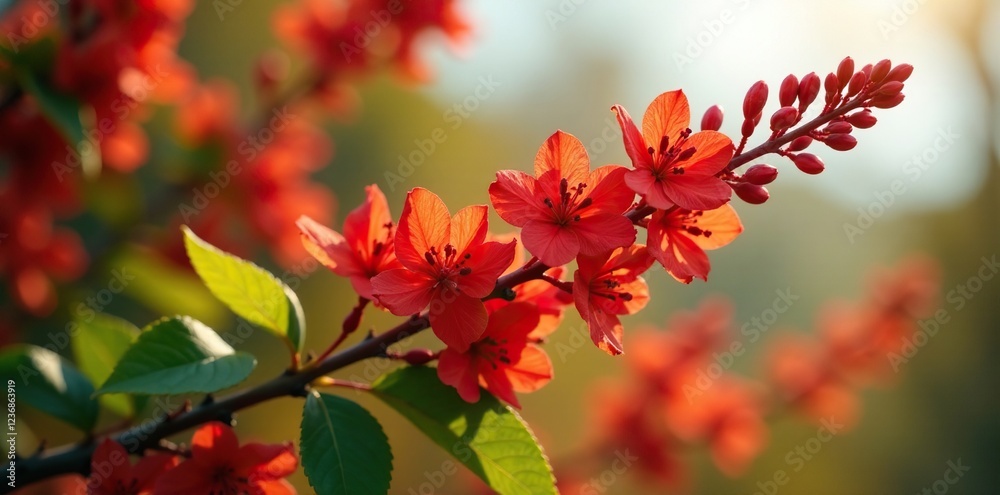Clusters of red flower buds on Photinia branches in sunlight, botanical, branch, floral Clusters of red flower buds on Photinia branches in sunlight, botanical, branch, floral