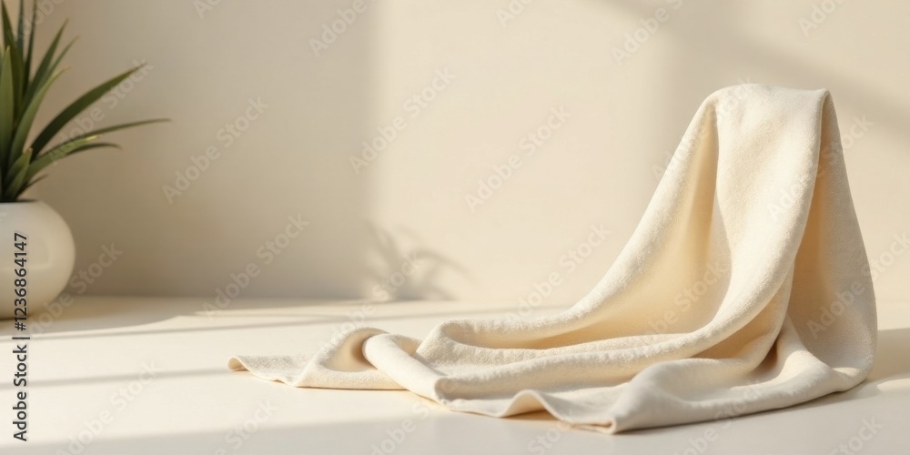 Soft Cream-Colored Textile Draped Elegantly on a Light Surface with a Plant in the Background Soft Cream-Colored Textile Draped Elegantly on a Light Surface with a Plant in the Background