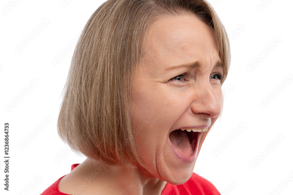 A young woman with short hair screaming with an intense expression against a white background. A young woman with short hair screaming with an intense expression against a white background.