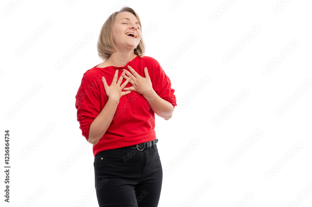 A young woman in a red sweater smiling and expressing happiness against a white background.