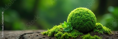 Moss-covered sphere with small succulent leaves, nature, plant ball, moss photo