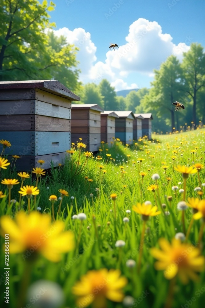 Bee hives in a sunny meadow with dandelions and yellow buttercups, bees, flowers, Bee hives in a sunny meadow with dandelions and yellow buttercups, bees, flowers,