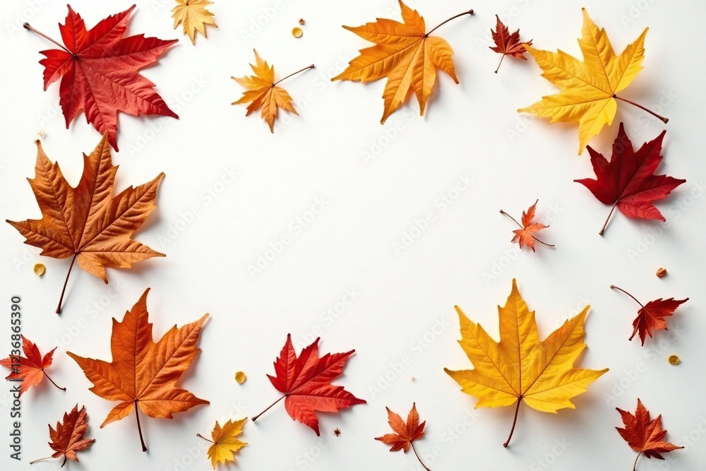 Dried leaves scattered on a crisp white background, autumn landscape, abstract