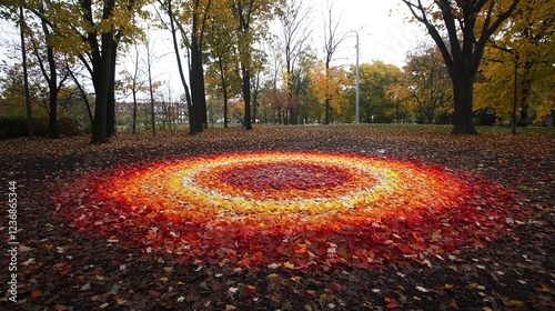 A vibrant circular arrangement of colorful autumn leaves, predominantly in shades of red, orange, and yellow, set against a backdrop of barren trees and a cloudy sky. The artistic composition creates 