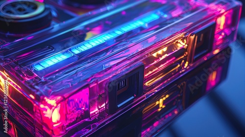 A close-up view of a translucent cassette tape illuminated with vibrant blue and pink neon lights. The glossy surface of the cassette reflects light, creating a mesmerizing visual effect. The backgrou