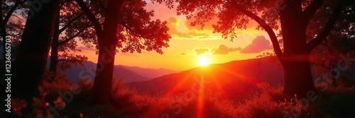 Sparkling sunset with red lens flare light passing through trees, foliage, nature