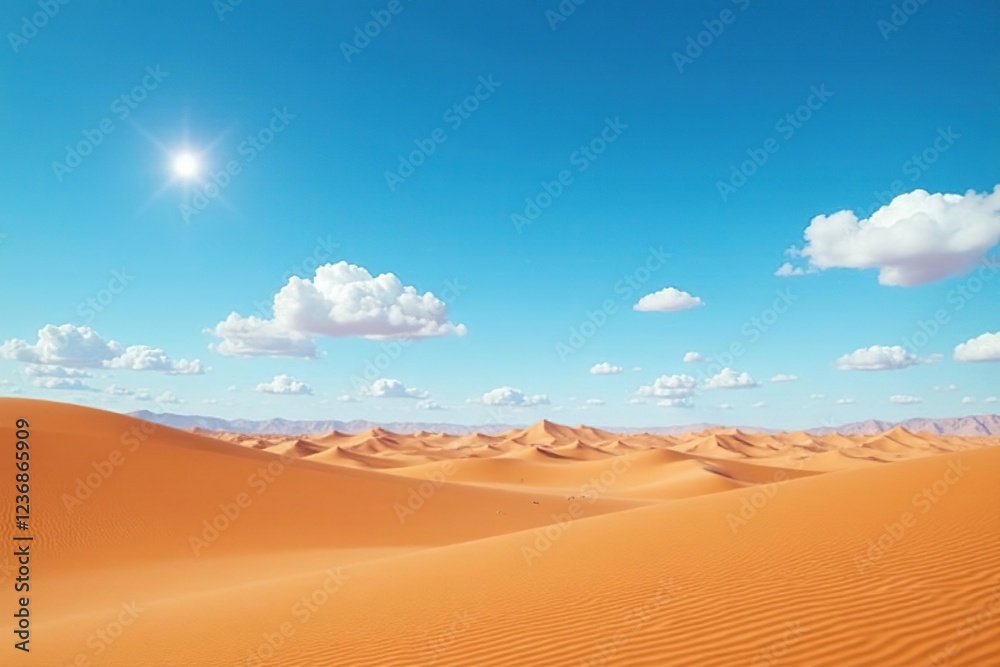 Desert landscape with sparse clouds against blue background, vastness, horizon, blue Desert landscape with sparse clouds against blue background, vastness, horizon, blue