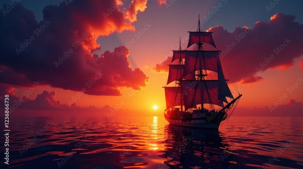Fototapeta premium A Majestic Sailing Vessel Navigates the Crimson Waters at Sunset, Silhouetted Against a Dramatic Sky