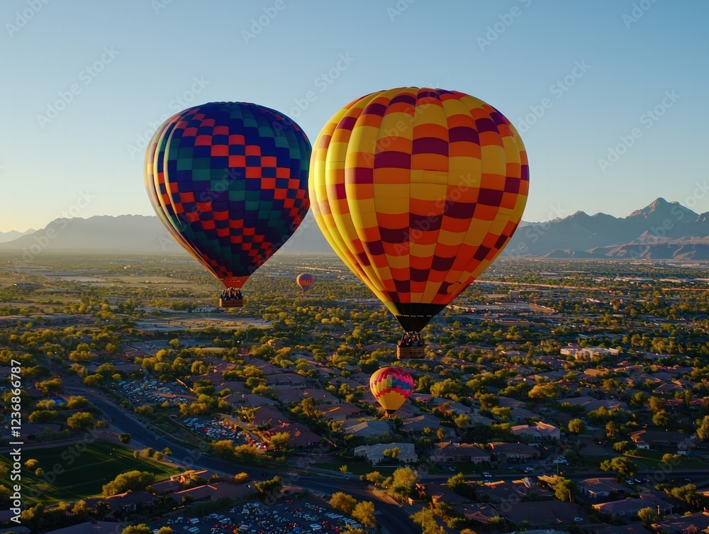 Fototapeta premium Colorful Hot Air Balloons Soaring Over Scenic Landscape at Sunrise with Mountain Backdrop