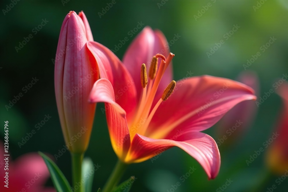 Delicate pink bud unfolding on a crimson lily stem, blossom, crimson lily, flowerbed Delicate pink bud unfolding on a crimson lily stem, blossom, crimson lily, flowerbed