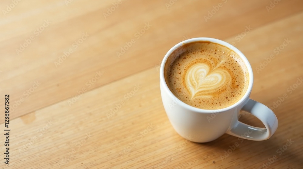 Obraz premium Aromatic Coffee with Heart Design in a White Mug on Wooden Surface