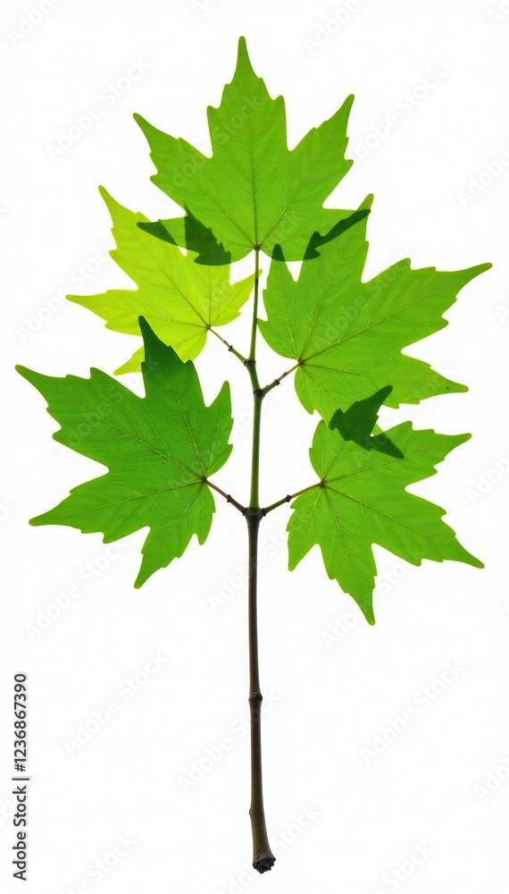 Fresh green maple leaves on a single isolated branch against white background, tree, maple tree Fresh green maple leaves on a single isolated branch against white background, tree, maple tree