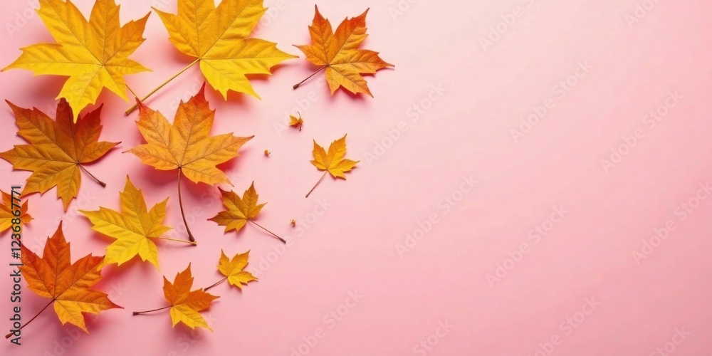 Autumnal Leaves Arranged on a Pale Pink Background, a Seasonal Design Element for Festive Decorations and Invitations Autumnal Leaves Arranged on a Pale Pink Background, a Seasonal Design Element for Festive Decorations and Invitations