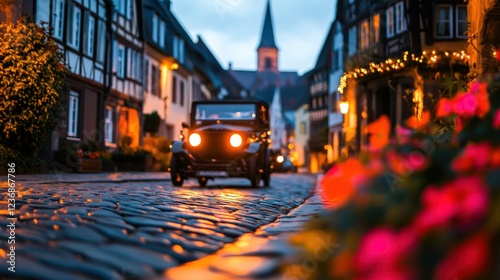 Vintage Car Driving Through Historic Cobblestone Street in Charming Town at Twilight