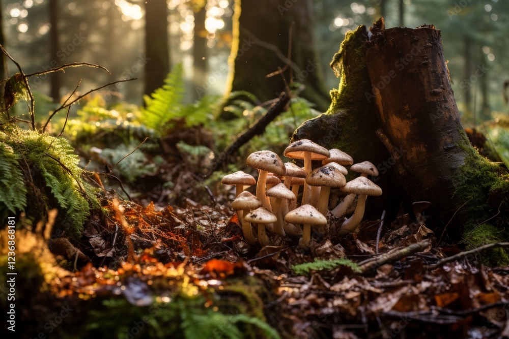 forest mushrooms near a stump in an autumn forest forest mushrooms near a stump in an autumn forest