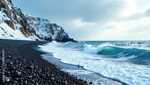 Rocky coastline with sea ice and a frozen wave crashing on the shore, coastal erosion, icy shores photo