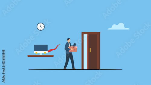 Businessman with stuff walking to exit door, quit full time job, resignation or end career, change job leaving company, employee termination, unemployment or burnout dissatisfaction exit layoff.
