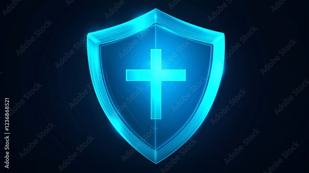 Obraz premium Health Warning Icon Featuring a Shield Symbol and Cross, Representing Protection and Immunity from Health Threats and Risks in an Abstract Digital Style