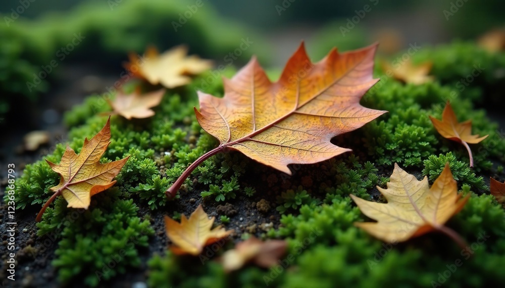 Leaf-like bony fragments scattered on a moss-covered ground, disarrayed, skeleton, eerie Leaf-like bony fragments scattered on a moss-covered ground, disarrayed, skeleton, eerie