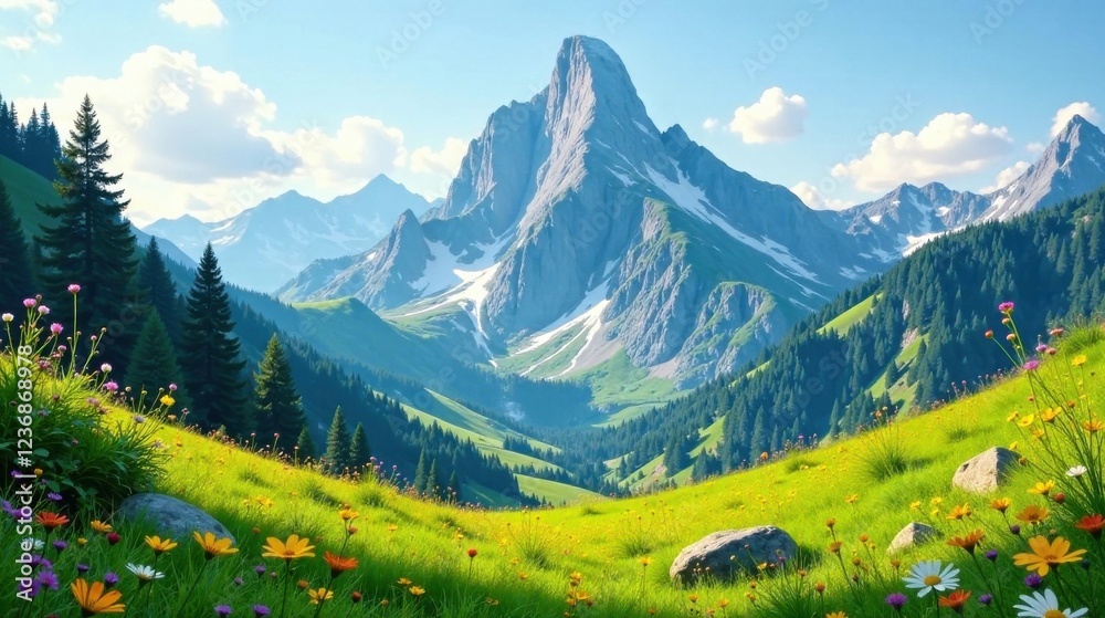 Obraz premium Serene Mountain Vista A Picturesque Meadow Flourishes with Wildflowers at the Foot of Majestic Peaks Under a Bright Sunny Sky